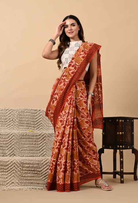 Hand Block Printed Ajrakh Cotton Saree - Red