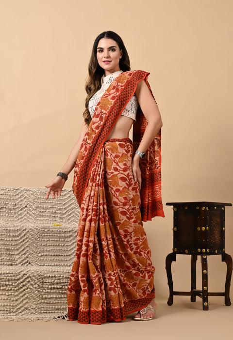 Hand Block Printed Ajrakh Cotton Saree - Red