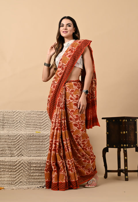 Hand Block Printed Ajrakh Cotton Saree - Red