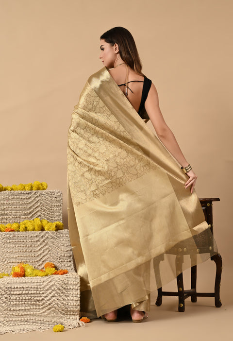 Tissue Silk Saree with Jacquard Antique Design - Yellow Gold