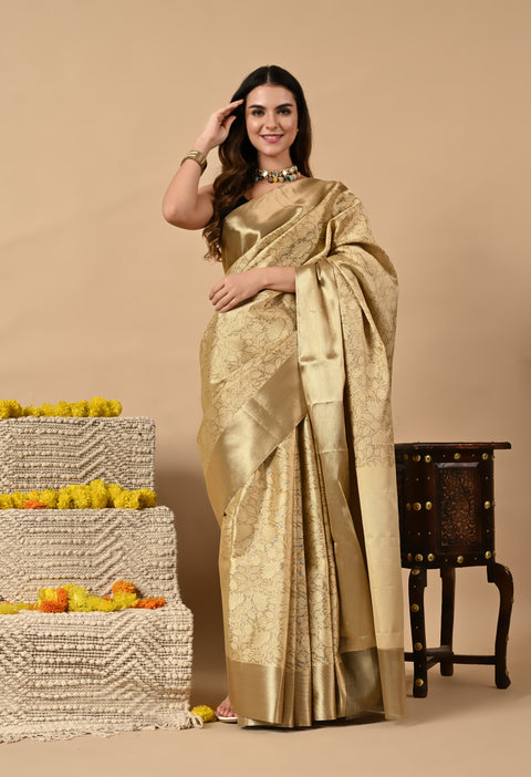 Tissue Silk Saree with Jacquard Antique Design - Yellow Gold