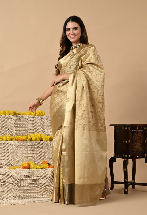 Tissue Silk Saree with Jacquard Antique Design - Yellow Gold