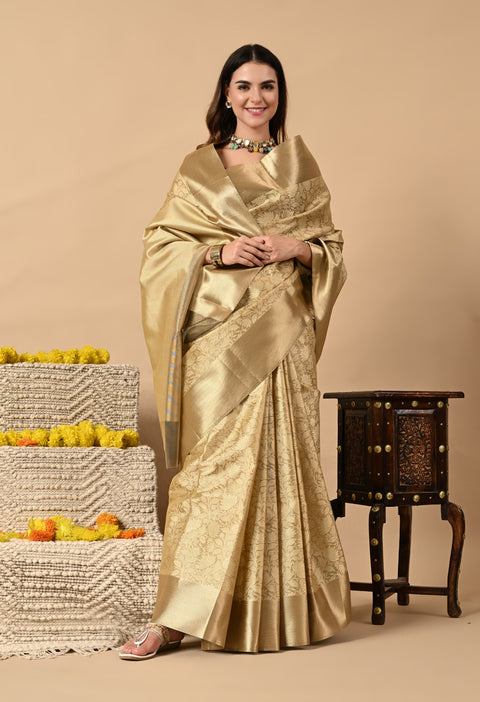 Tissue Silk Saree with Jacquard Antique Design - Yellow Gold