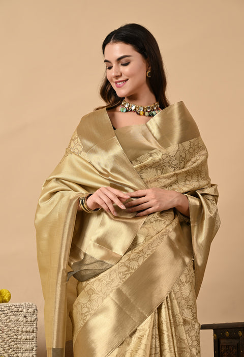 Tissue Silk Saree with Jacquard Antique Design - Yellow Gold