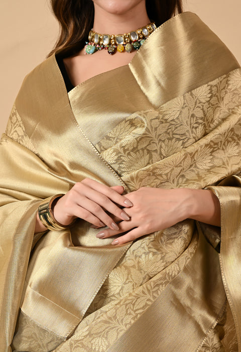 Tissue Silk Saree with Jacquard Antique Design - Yellow Gold