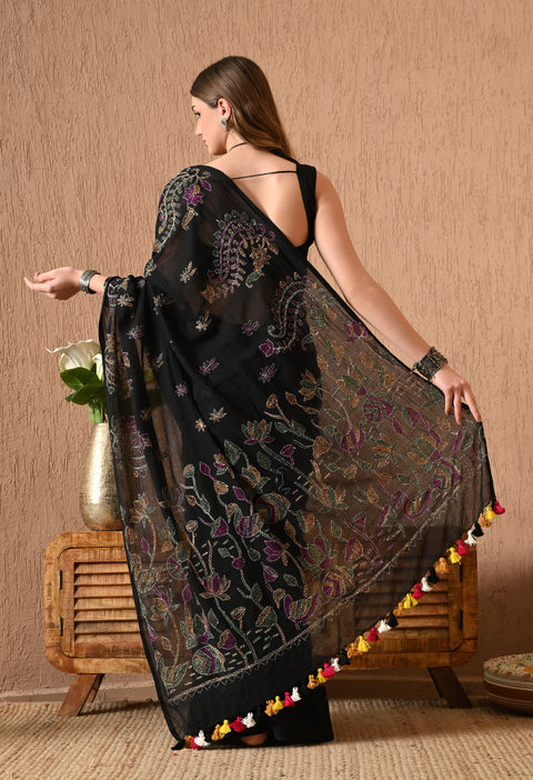 Classic Black Hand-Embroidered Kantha Mul Cotton Saree