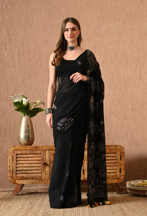 Classic Black Hand-Embroidered Kantha Mul Cotton Saree