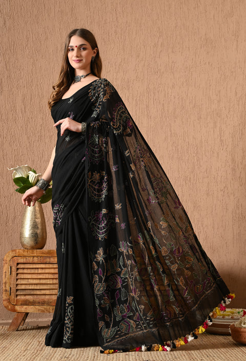 Classic Black Hand-Embroidered Kantha Mul Cotton Saree