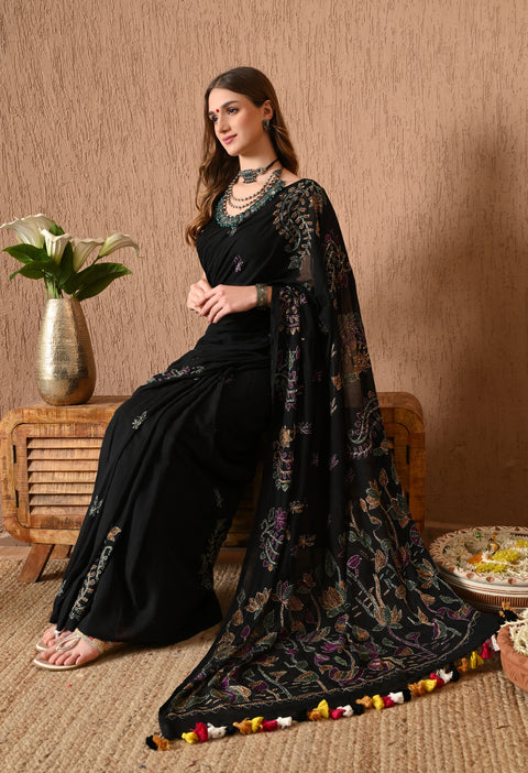 Classic Black Hand-Embroidered Kantha Mul Cotton Saree