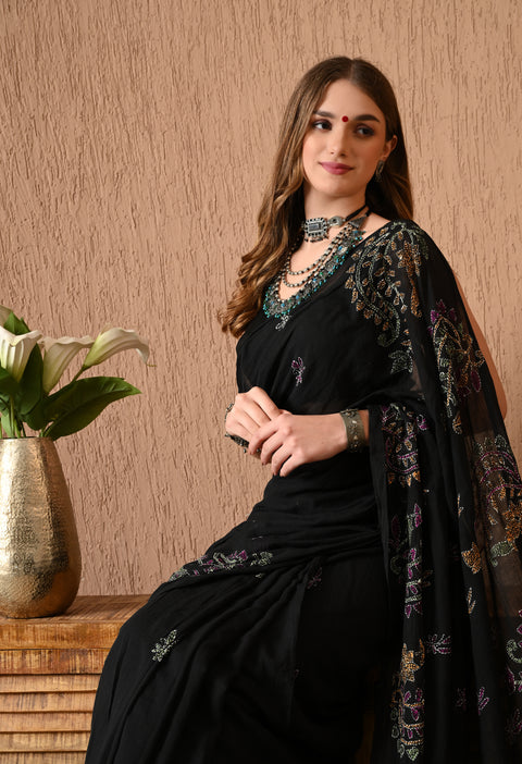 Classic Black Hand-Embroidered Kantha Mul Cotton Saree