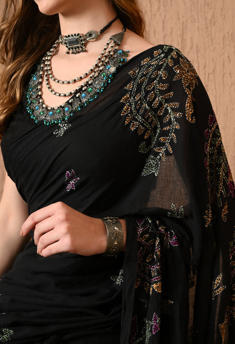 Classic Black Hand-Embroidered Kantha Mul Cotton Saree