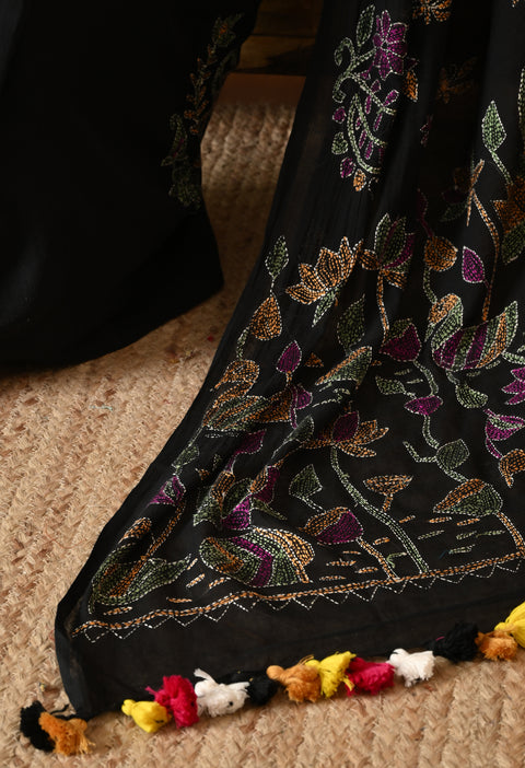 Classic Black Hand-Embroidered Kantha Mul Cotton Saree