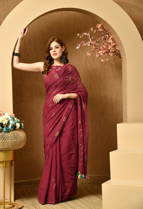 Classic Maroon Hand-Embroidered Kantha Mul Cotton Saree