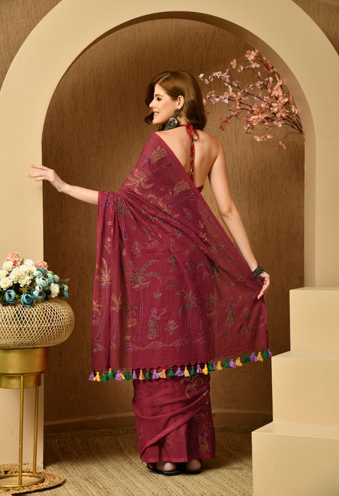 Classic Maroon Hand-Embroidered Kantha Mul Cotton Saree