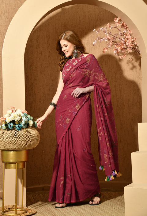 Classic Maroon Hand-Embroidered Kantha Mul Cotton Saree
