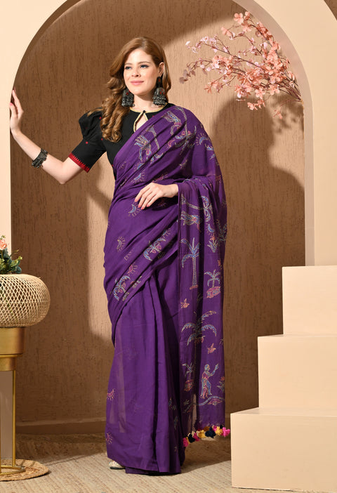 Royal Purple Hand-Embroidered Kantha Mul Cotton Saree