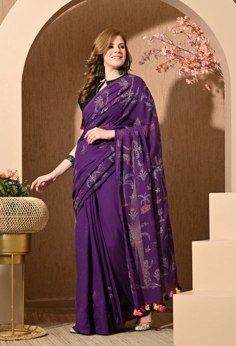 Royal Purple Hand-Embroidered Kantha Mul Cotton Saree