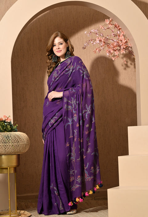 Royal Purple Hand-Embroidered Kantha Mul Cotton Saree