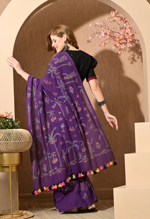 Royal Purple Hand-Embroidered Kantha Mul Cotton Saree