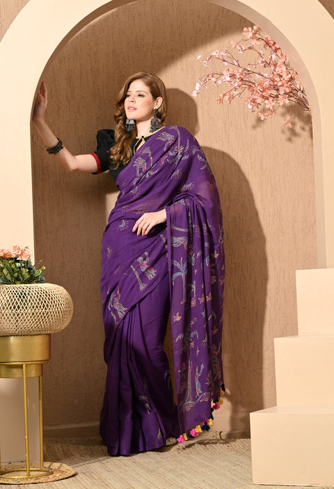 Royal Purple Hand-Embroidered Kantha Mul Cotton Saree
