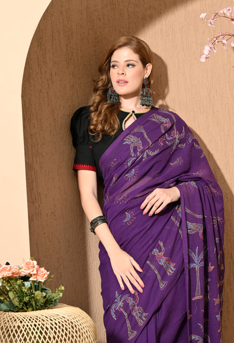 Royal Purple Hand-Embroidered Kantha Mul Cotton Saree