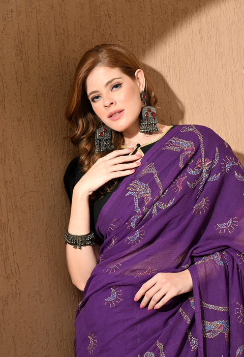 Royal Purple Hand-Embroidered Kantha Mul Cotton Saree