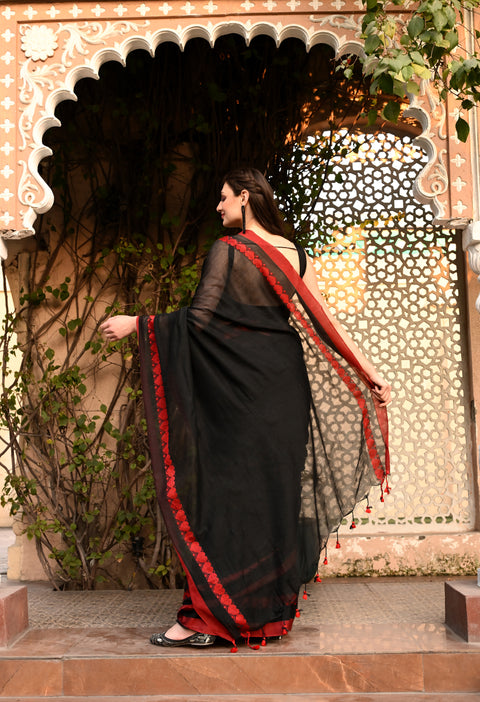 Heart warming Beauty: Black Handwoven Cotton Saree with Hearts Woven Motif on Border And Hand Painted Roses on Chest