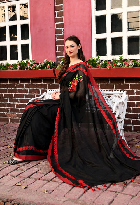 Heart warming Beauty: Black Handwoven Cotton Saree with Hearts Woven Motif on Border And Hand Painted Roses on Chest