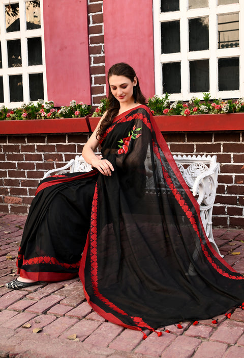 Heart warming Beauty: Black Handwoven Cotton Saree with Hearts Woven Motif on Border And Hand Painted Roses on Chest