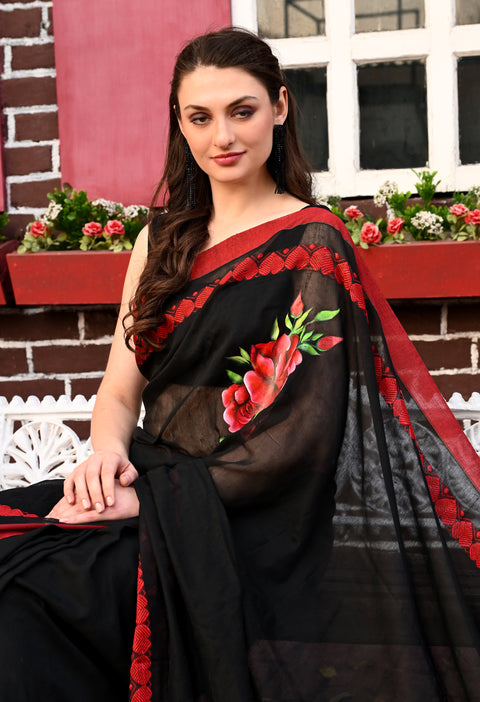 Heart warming Beauty: Black Handwoven Cotton Saree with Hearts Woven Motif on Border And Hand Painted Roses on Chest