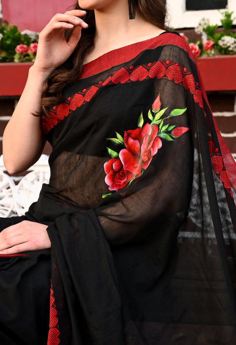 Heart warming Beauty: Black Handwoven Cotton Saree with Hearts Woven Motif on Border And Hand Painted Roses on Chest