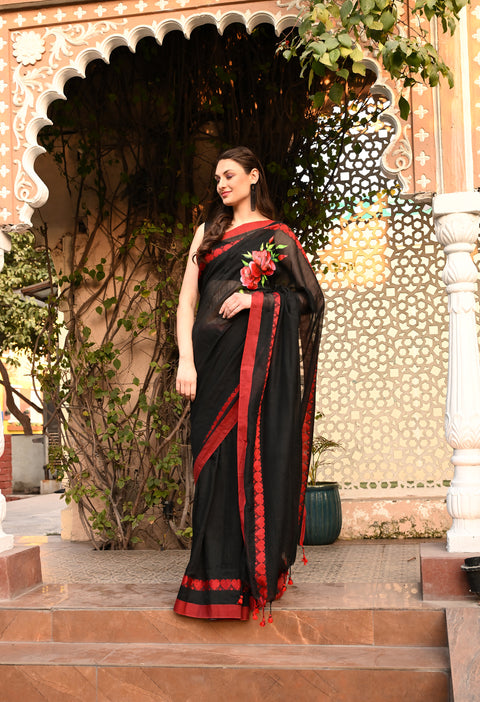 Heart warming Beauty: Black Handwoven Cotton Saree with Hearts Woven Motif on Border And Hand Painted Roses on Chest