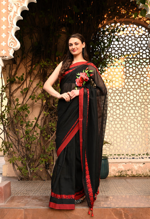 Heart warming Beauty: Black Handwoven Cotton Saree with Hearts Woven Motif on Border And Hand Painted Roses on Chest