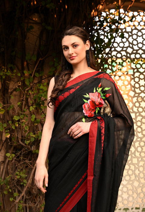 Heart warming Beauty: Black Handwoven Cotton Saree with Hearts Woven Motif on Border And Hand Painted Roses on Chest