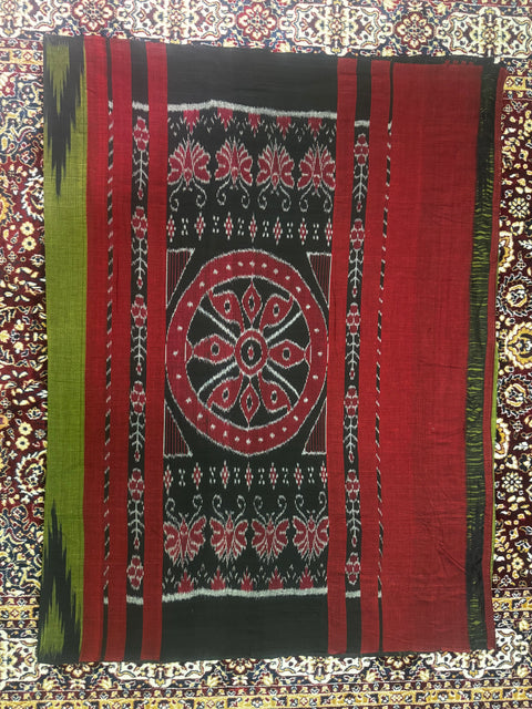 Odisha Handwoven Ikkat Cotton Saree -Kargil Saree - Moss Green/Black