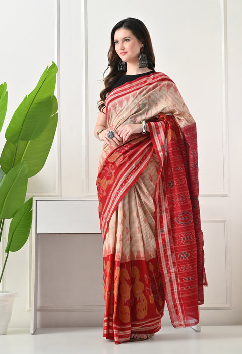 Odisha Handwoven Ikkat Cotton Saree - Cream/Red