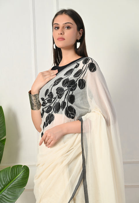 Off-White Mul Cotton Hand-Painted Black Tulip Saree