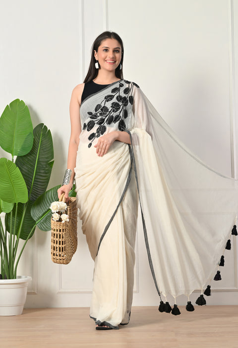 Off-White Mul Cotton Hand-Painted Black Tulip Saree