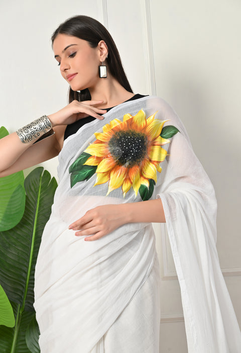 Hand-Painted White Mul Cotton Sunflower Saree