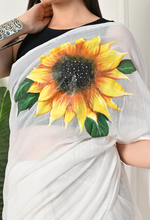 Hand-Painted White Mul Cotton Sunflower Saree