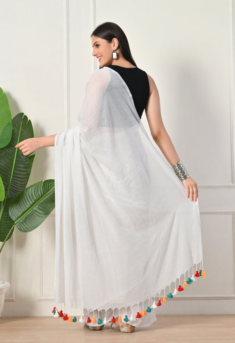 Hand-Painted White Mul Cotton Sunflower Saree