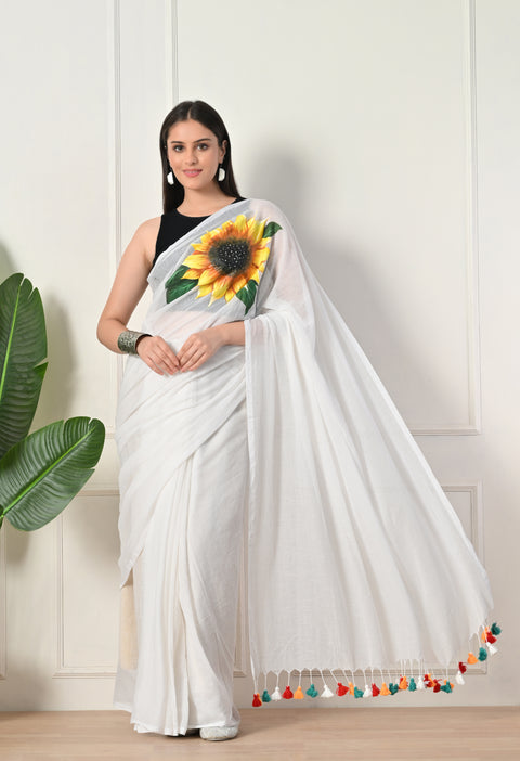 Hand-Painted White Mul Cotton Sunflower Saree