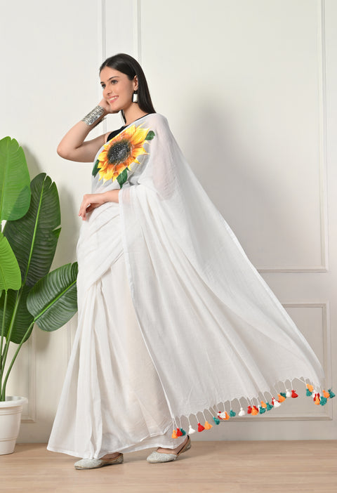 Hand-Painted White Mul Cotton Sunflower Saree