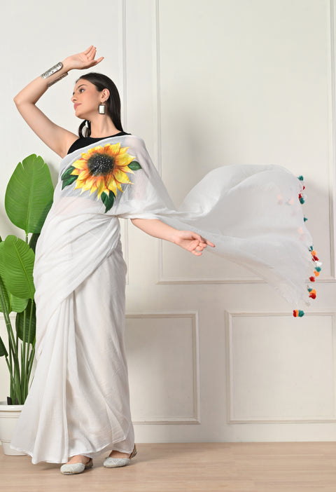 Hand-Painted White Mul Cotton Sunflower Saree