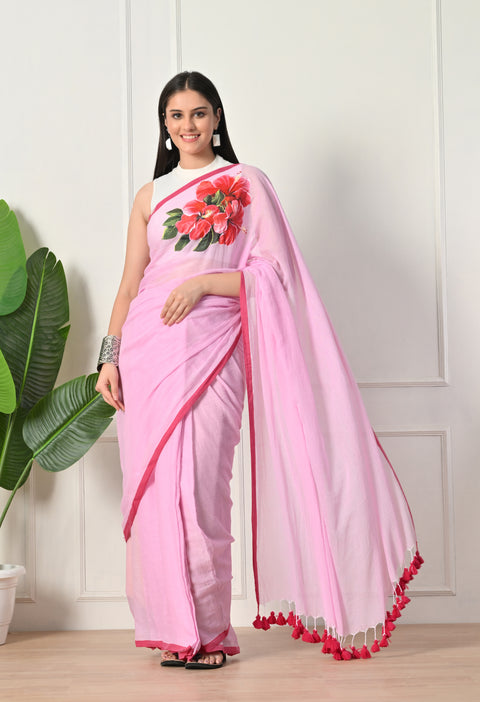 Baby Pink Hand-Painted Hibiscus Mul Cotton Saree