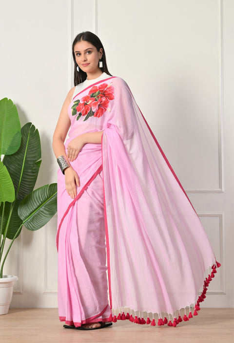 Baby Pink Hand-Painted Hibiscus Mul Cotton Saree