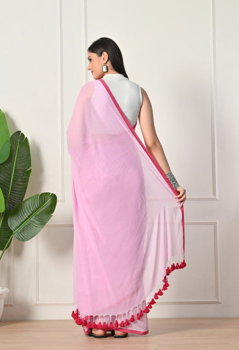 Baby Pink Hand-Painted Hibiscus Mul Cotton Saree