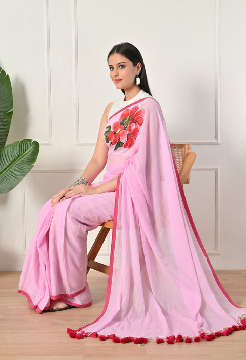 Baby Pink Hand-Painted Hibiscus Mul Cotton Saree