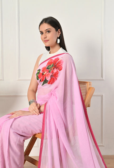 Baby Pink Hand-Painted Hibiscus Mul Cotton Saree