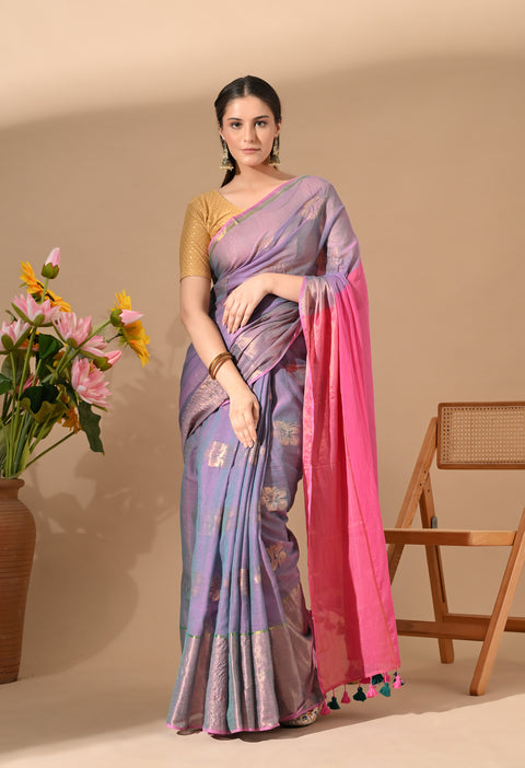 Handwoven Mul Cotton Zari Hibiscus Flower Saree - Purple/Pink